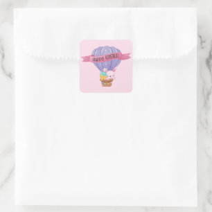 Happy Oaster Bunny in Hot Air Ballon Quadratischer Aufkleber