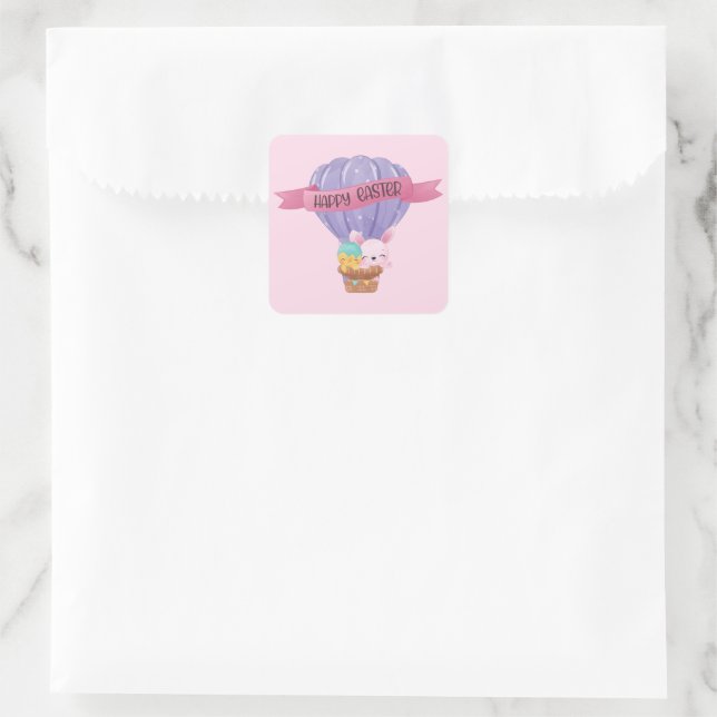 Happy Oaster Bunny in Hot Air Ballon Quadratischer Aufkleber (Tasche)