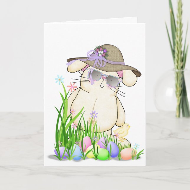 Happy Oaster Bunny mit Bonnet Feiertagskarte (Vorderseite)