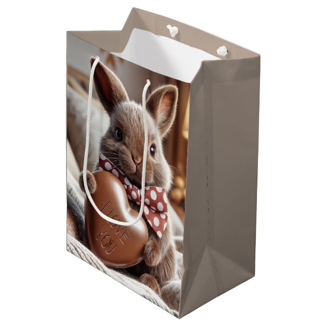 Happy Oaster Bunny mit Schokoladenherz Mittlere Geschenktüte (Vorderseite Schrägansicht)