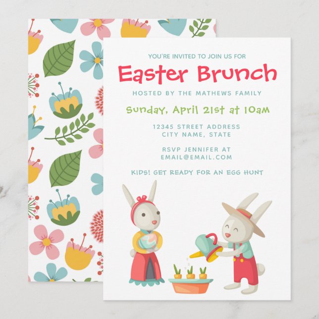Happy Oaster Bunny Rabbit Floral Brunch Einladung (Vorne/Hinten)