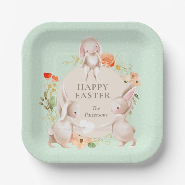 Happy Oaster Bunny Rabbits Personalisiert Pappteller (Vorderseite)