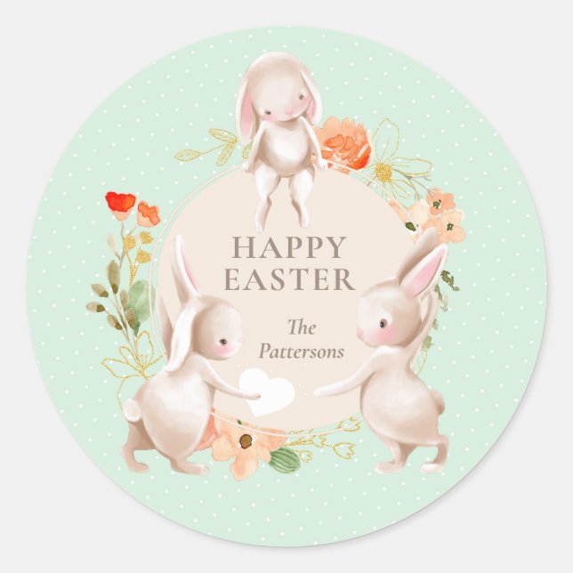 Happy Oaster Bunny Rabbits Personalisiert Runder Aufkleber (Vorderseite)