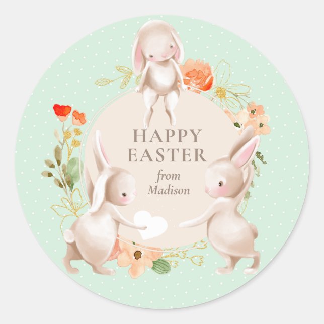 Happy Oaster Bunny Rabbits Personalisiert Runder Aufkleber (Vorderseite)