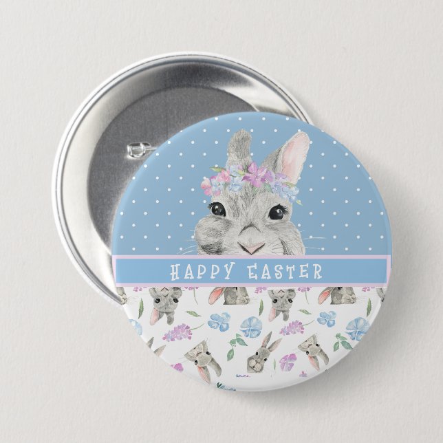 Happy Oaster Bunny Rabbits und Blue Polka Dots Button (Vorne & Hinten)