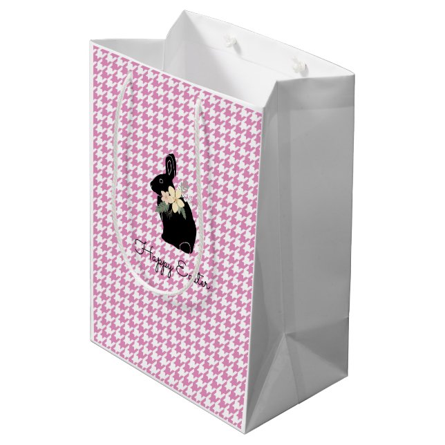 Happy Oaster Bunny Silhouette Blume Hahnentrittmus Mittlere Geschenktüte (Rückseite Schrägansicht)