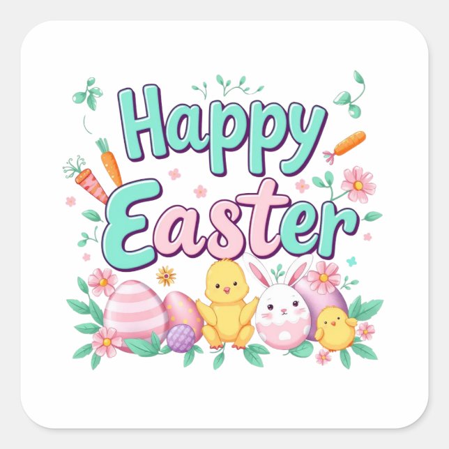 Happy Oaster Bunny Spring Ostereier Ostern Quadratischer Aufkleber (Vorderseite)