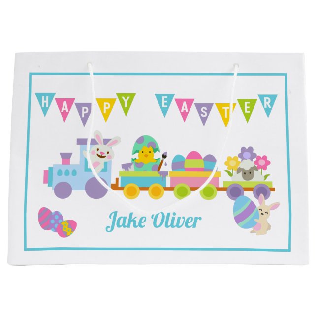 Happy Oaster Bunny Train Blau Große Geschenktüte (Vorderseite)