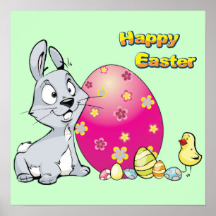 Happy Oaster Bunny und Baby Chick Poster