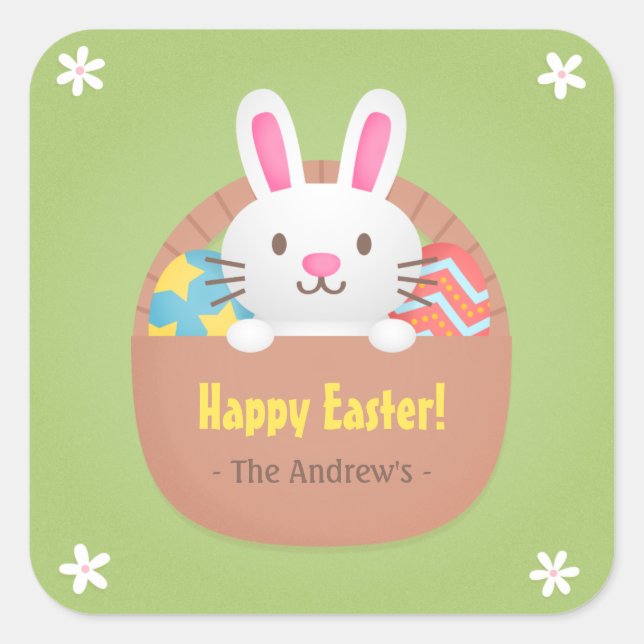 Happy Oaster Bunny und Eggs Party Dekorationsklebe Quadratischer Aufkleber (Vorderseite)