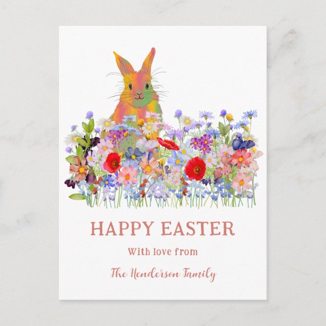 Happy Oaster Bunny und Wildblumen Feiertagspostkarte (Vorderseite)