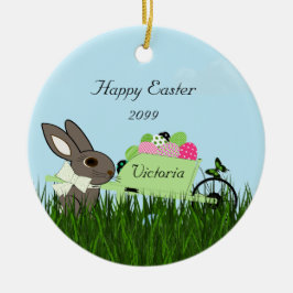 Happy Oaster Bunny w Wheelbarrow Eier Keramik Ornament