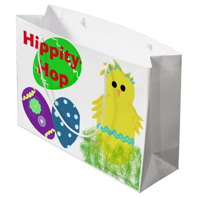 Happy Oaster Bunny Yellow Green Blue Chick Eggs Große Geschenktüte (Rückseite Schrägansicht)