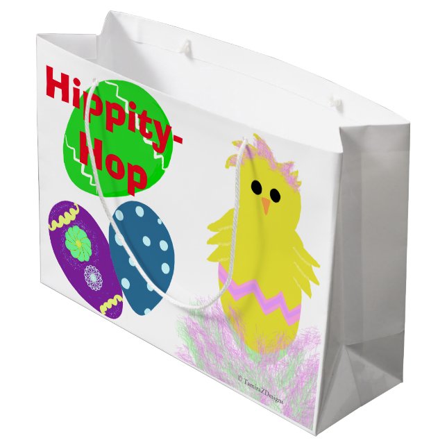 Happy Oaster Bunny Yellow Pink Green Chick Eggs Große Geschenktüte (Rückseite Schrägansicht)