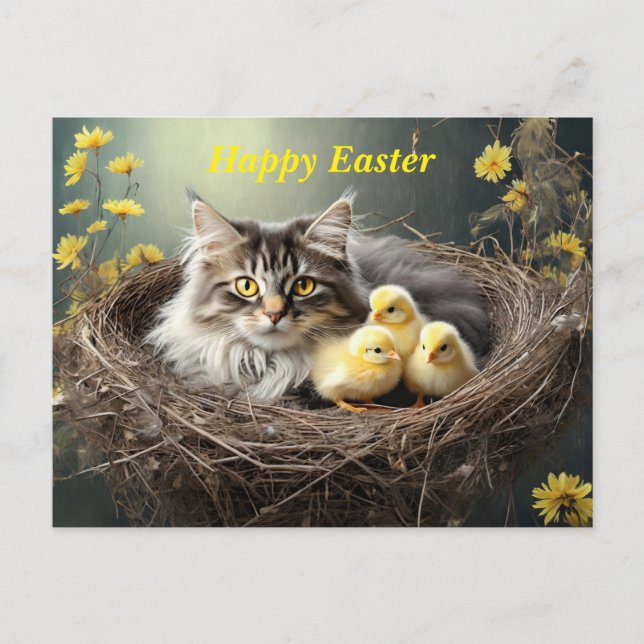 Happy Oaster Cat with chicks Postkarte (Vorderseite)