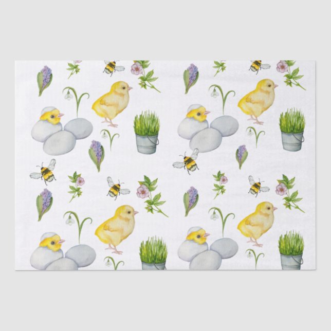 Happy Oaster chick und Frühlingsblumen Seidenpapier (Vorderseite)