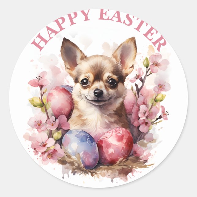 Happy Oaster Chihuahua Eier und Blume - Runder Aufkleber (Vorderseite)