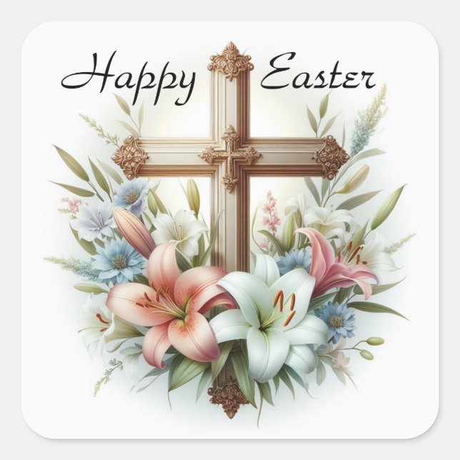 Happy Oaster Cross mit Osterlilies Quadratischer Aufkleber (Vorderseite)