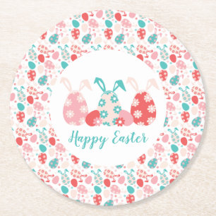 Happy Oaster Decorated Eggs Bunny Oars Runder Pappuntersetzer