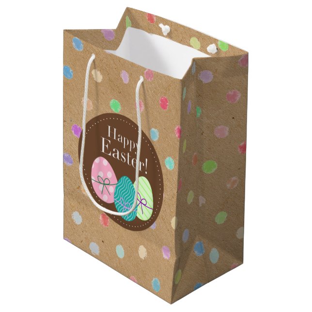 Happy Oaster Eggs Punkte auf Imitate Kraft Paper Mittlere Geschenktüte (Vorderseite Schrägansicht)