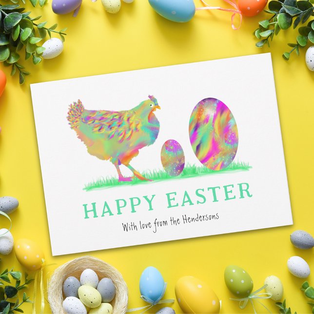 Happy Oaster Eiern Hühneraquarium Budget (Personalized happy Easter cute colorful hen and eggs watercolor holiday greetings card)