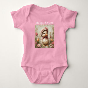 Happy Oaster Enckling Pink Bonnet Tulips Daisies Baby Strampler