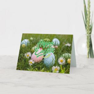 Happy Oaster farbenfroh gestrichene Eier und Blume Karte