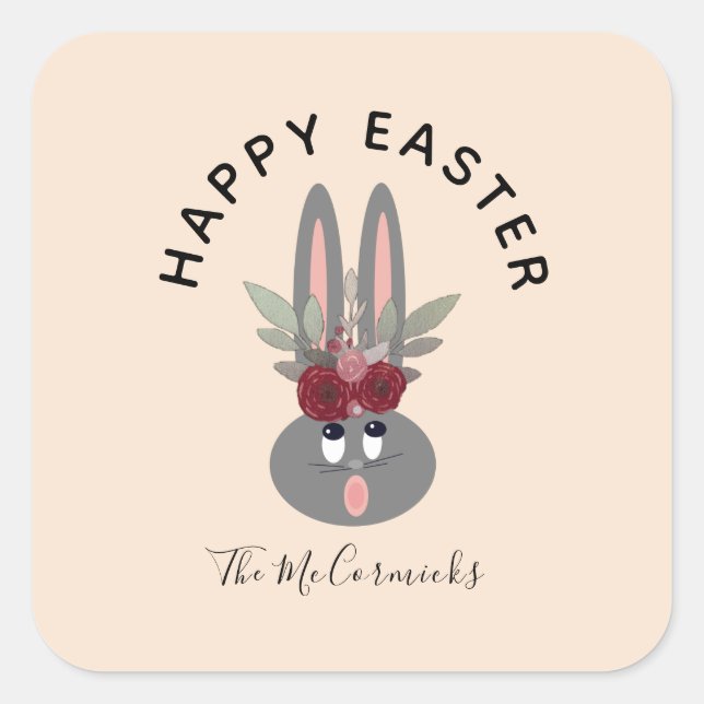 Happy Oaster Floral Bunny Personalisiert Quadratischer Aufkleber (Vorderseite)