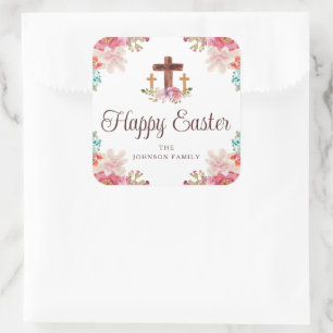 Happy Oaster Floral Watercolor Religious Cross Quadratischer Aufkleber