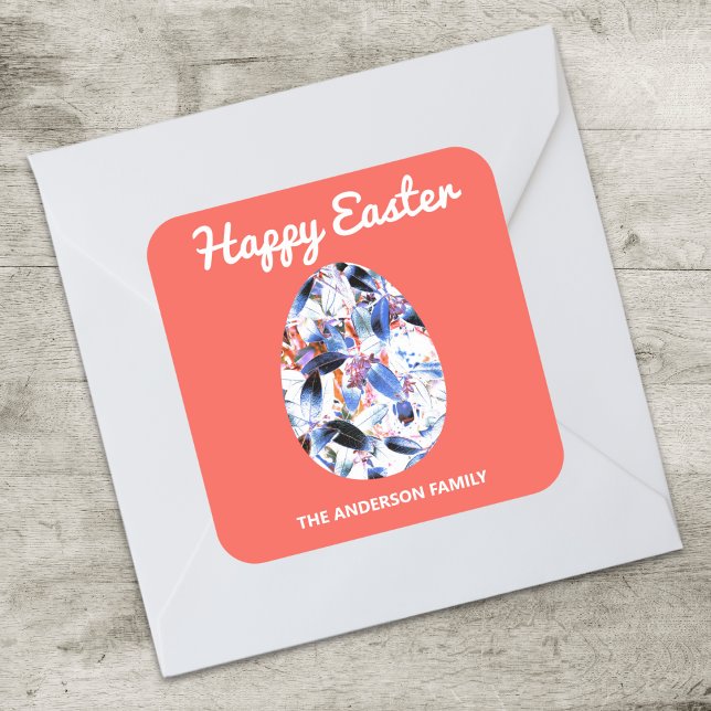 Happy Oaster Gemustert Egg Red Quadratischer Aufkleber (A colourful sticker with Happy Easter words and egg design, to personalize with your name(s))