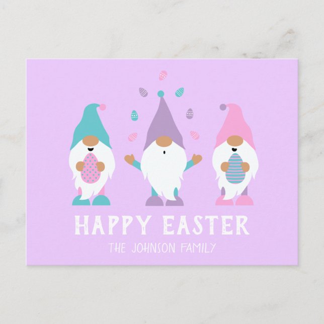 Happy Oaster Gnome Juggling Ostereier Postkarte (Vorderseite)