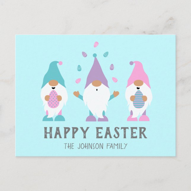 Happy Oaster Gnome Juggling Ostereier Postkarte (Vorderseite)