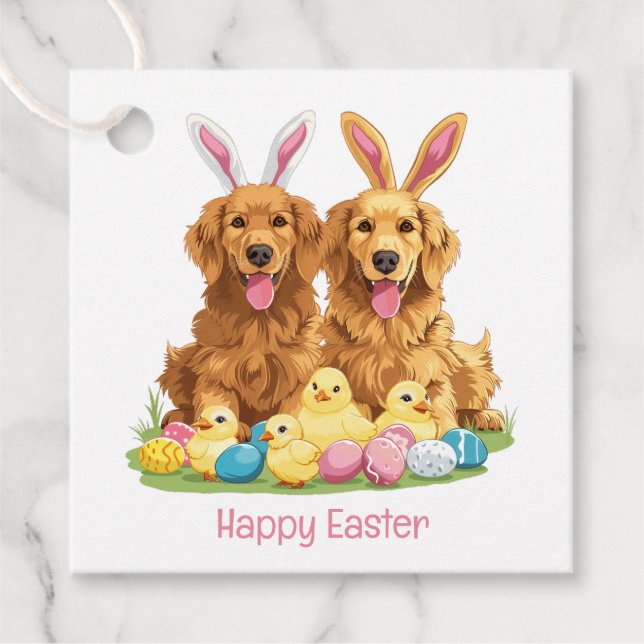 Happy Oaster Golden Retriever Hunde Bunny Ears Geschenkanhänger (Vorderseite)