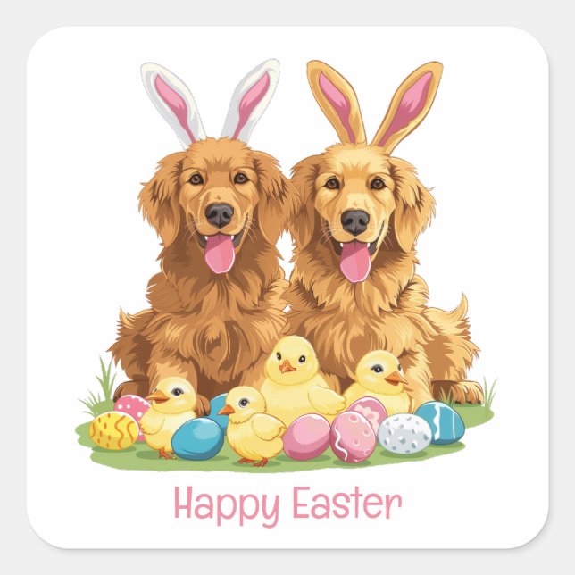 Happy Oaster Golden Retriever Hunde Bunny Ears Quadratischer Aufkleber (Vorderseite)