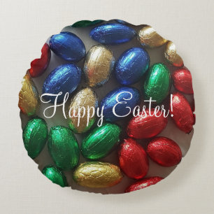 Happy Oaster Gruß bunte Schokoladeneier Rundes Kissen