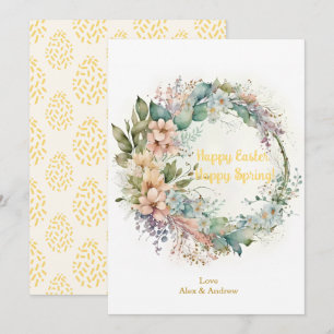 Happy Oaster Happy Spring Yellow Floral Wreath Feiertagskarte