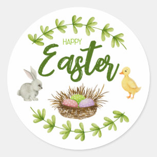 Happy Oaster, Hase, Ente, Eier in Korbaufkleber Runder Aufkleber