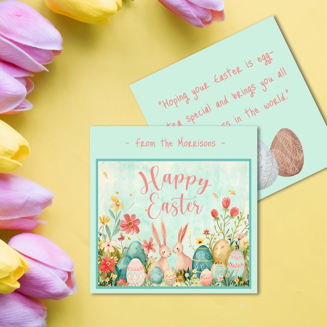Happy Oaster Hellgrün Aquarell Gruß Karte (Happy Easter light green watercolor flat greeting Card)