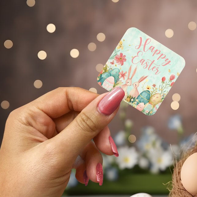 Happy Oaster Hellgrün Aquarell Quadratischer Aufkleber (Happy Easter light green watercolor Square Sticker)