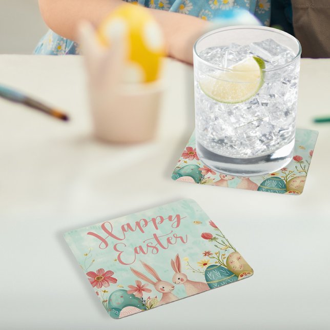 Happy Oaster Hellgrün Aquarell Rechteckiger Pappuntersetzer (Happy Easter light green watercolor Square Paper Coaster)