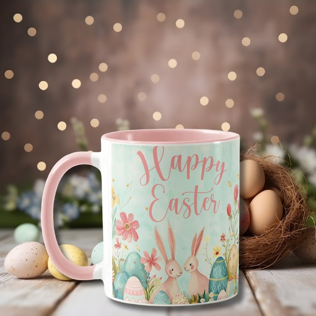 Happy Oaster hellgrünes Aquarellpinke Tasse (Happy Easter light green watercolor pink Mug)