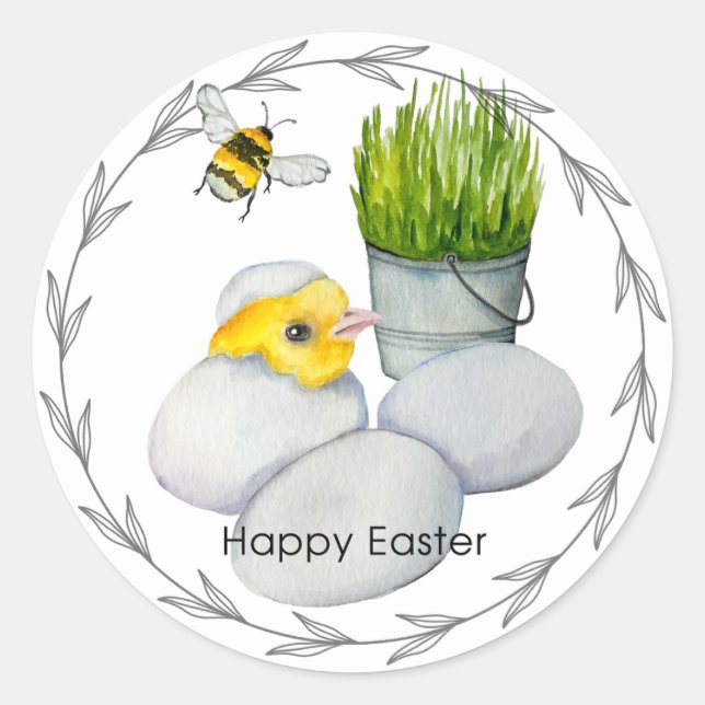 Happy Oaster Huhn und Frühlingsblumen Runder Aufkleber (Vorderseite)