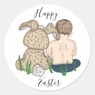 Happy Oaster Kleines Mädchen und Osterhase Runder Aufkleber