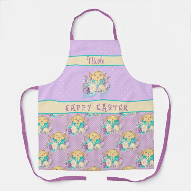 Happy Oaster Little Chicks und Lila Polka Docks Schürze (Vorderseite)
