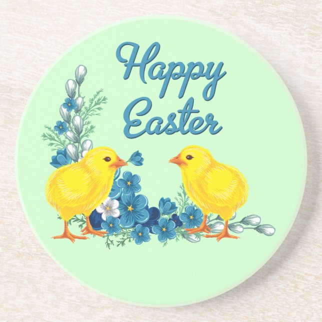 Happy Oaster mit Baby Chicks Sandstein Untersetzer (Vorne)