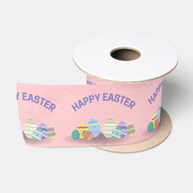 Happy Oaster mit bunten Eiern pink Satinband (Spule)