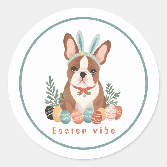 Happy Oaster mit France Bulldog in Bunny Ears Runder Aufkleber (Vorderseite)