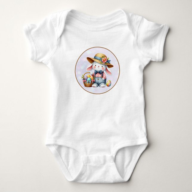 Happy Oaster mit Niedlichem Hasen, Eiern und Blume Baby Strampler (Vorderseite)