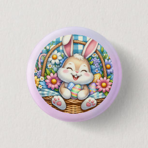 Happy Oaster mit Niedlichem Hasen, Eiern und Blume Button