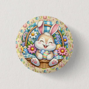 Happy Oaster mit Niedlichem Hasen, Eiern und Blume Button